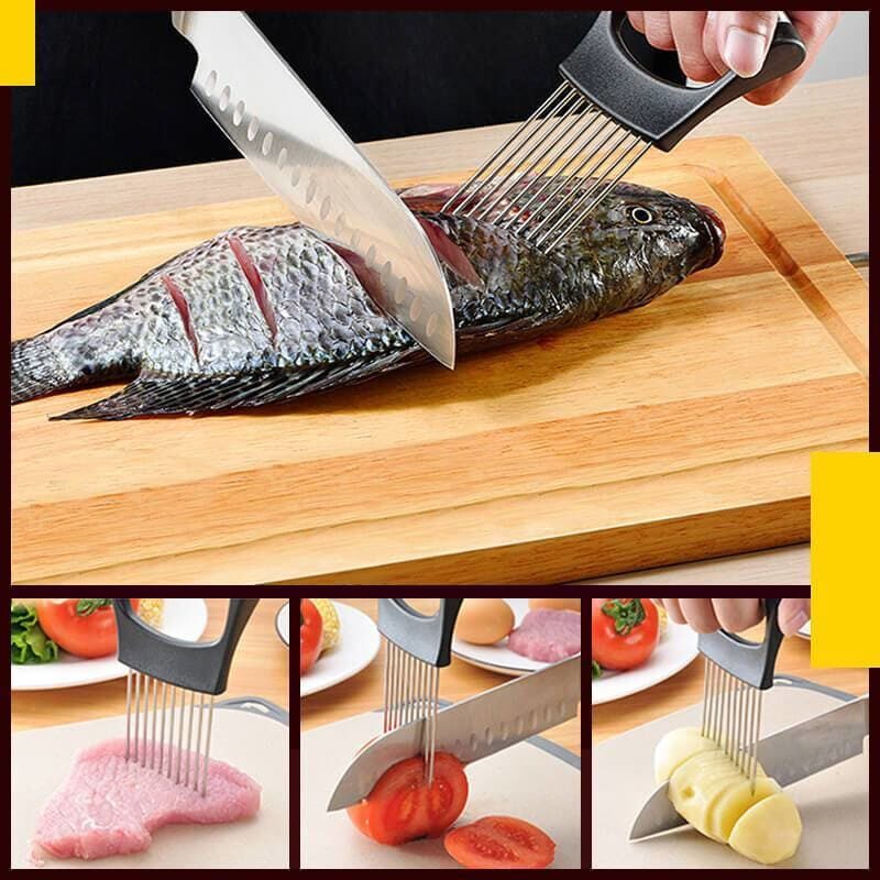 Multifunktions Kuechen Schneidehilfe grafik zeigt Schneidhilfe in verschiedenen Anvendungen mit Fisch Fleisch und Gemuese