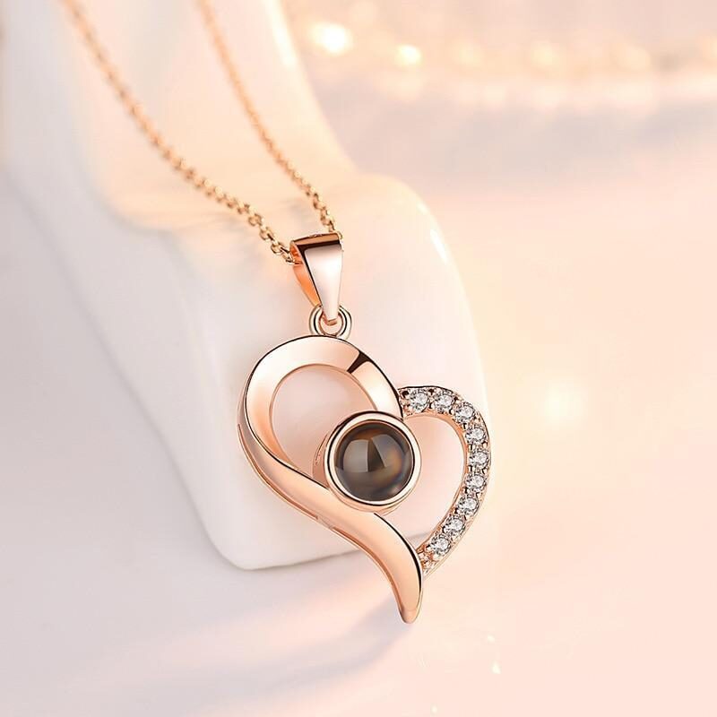 Halskette mit Herz Anhänger – projiziert "I♡U" in 100 Sprachen 14 damen halskette herz 100 sprachen ich liebe dich rose gold